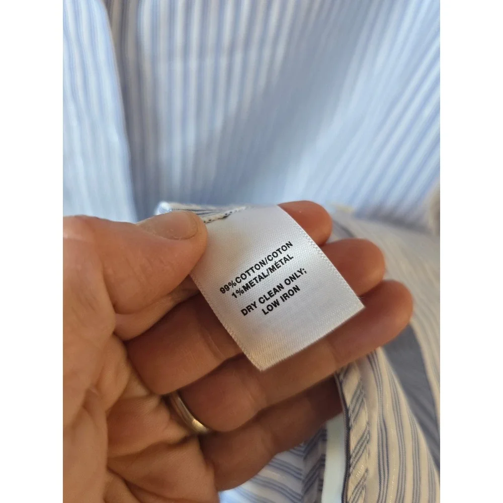 Lafayette 148 New York Blue White Striped Metallic Cotton Button Down Shirt M - Picture 6 of 7